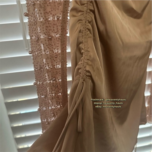 Oh Polly Geneva Nude Mini Dress w/ Embellished Sleeves - Beaded, strappy, flirty - Picture 5 of 9
